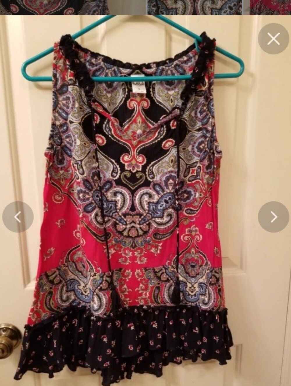Bila Sz Small Red & Black Paisley Ruffle Trim Sleeveless Boho Top